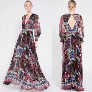 Alice + Olivia Cheney Slit Sleeve Pleated Maxi Dress in Royalty Paisley Size 0